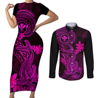 Hawaii Couples Matching Short Sleeve Bodycon Dress and Long Sleeve Button Shirts Hammerhead Shark Tattoo Mix Polynesian Plumeria Pink Version LT14 Pink - Polynesian Pride
