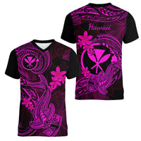 hawaii-women-v-neck-t-shirt-hammerhead-shark-tattoo-mix-polynesian-plumeria-pink-version