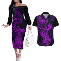 hawaii-couples-matching-off-the-shoulder-long-sleeve-dress-and-hawaiian-shirt-hammerhead-shark-tattoo-mix-polynesian-plumeria-purple-version