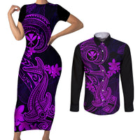 Hawaii Couples Matching Short Sleeve Bodycon Dress and Long Sleeve Button Shirts Hammerhead Shark Tattoo Mix Polynesian Plumeria Purple Version LT14 Purple - Polynesian Pride