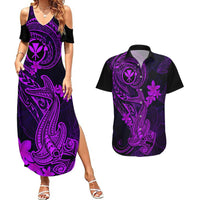 Hawaii Couples Matching Summer Maxi Dress and Hawaiian Shirt Hammerhead Shark Tattoo Mix Polynesian Plumeria Purple Version LT14 Purple - Polynesian Pride