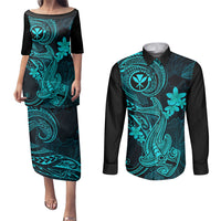Hawaii Couples Matching Puletasi Dress and Long Sleeve Button Shirts Hammerhead Shark Tattoo Mix Polynesian Plumeria Turquoise Version LT14 Turquoise - Polynesian Pride
