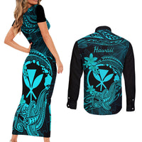 Hawaii Couples Matching Short Sleeve Bodycon Dress and Long Sleeve Button Shirts Hammerhead Shark Tattoo Mix Polynesian Plumeria Turquoise Version LT14 - Polynesian Pride