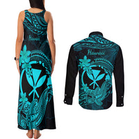 Hawaii Couples Matching Tank Maxi Dress and Long Sleeve Button Shirts Hammerhead Shark Tattoo Mix Polynesian Plumeria Turquoise Version LT14 - Polynesian Pride
