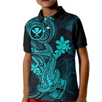Hawaii Kid Polo Shirt Hammerhead Shark Tattoo Mix Polynesian Plumeria Turquoise Version LT14 Kid Turquoise - Polynesian Pride