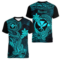 hawaii-women-v-neck-t-shirt-hammerhead-shark-tattoo-mix-polynesian-plumeria-turquoise-version