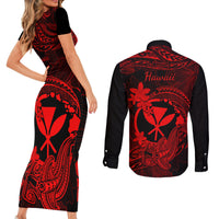 Hawaii Couples Matching Short Sleeve Bodycon Dress and Long Sleeve Button Shirts Hammerhead Shark Tattoo Mix Polynesian Plumeria Red Version LT14 - Polynesian Pride