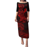 Hawaii Puletasi Hammerhead Shark Tattoo Mix Polynesian Plumeria Red Version LT14 Long Dress Red - Polynesian Pride