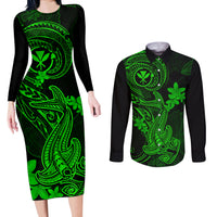 Hawaii Couples Matching Long Sleeve Bodycon Dress and Long Sleeve Button Shirts Hammerhead Shark Tattoo Mix Polynesian Plumeria Green Version LT14 Green - Polynesian Pride