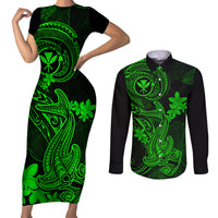 Hawaii Couples Matching Short Sleeve Bodycon Dress and Long Sleeve Button Shirts Hammerhead Shark Tattoo Mix Polynesian Plumeria Green Version LT14 Green - Polynesian Pride
