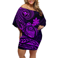 Hawaii Off Shoulder Short Dress Turtle Mix Polynesian Plumeria Purple Version LT14 Women Purple - Polynesian Pride