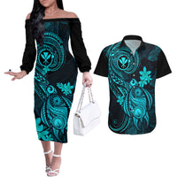 hawaii-couples-matching-off-the-shoulder-long-sleeve-dress-and-hawaiian-shirt-turtle-mix-polynesian-plumeria-turquoise-version