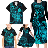 hawaii-family-matching-long-sleeve-bodycon-dress-and-hawaiian-shirt-turtle-mix-polynesian-plumeria-turquoise-version