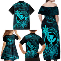 Hawaii Family Matching Off Shoulder Maxi Dress and Hawaiian Shirt Turtle Mix Polynesian Plumeria Turquoise Version LT14 - Polynesian Pride