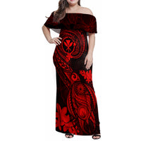 Hawaii Family Matching Off Shoulder Maxi Dress and Hawaiian Shirt Turtle Mix Polynesian Plumeria Red Version LT14 Mom's Dress Red - Polynesian Pride