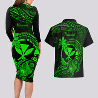 Hawaii Couples Matching Long Sleeve Bodycon Dress and Hawaiian Shirt Turtle Mix Polynesian Plumeria Green Version LT14 - Polynesian Pride