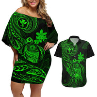 Hawaii Couples Matching Off Shoulder Short Dress and Hawaiian Shirt Turtle Mix Polynesian Plumeria Green Version LT14 Green - Polynesian Pride