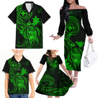 hawaii-family-matching-off-shoulder-long-sleeve-dress-and-hawaiian-shirt-turtle-mix-polynesian-plumeria-green-version