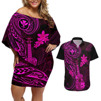 Hawaii Couples Matching Off Shoulder Short Dress and Hawaiian Shirt Ukulele Mix Polynesian Plumeria Pink Version LT14 Pink - Polynesian Pride