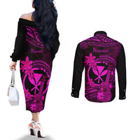 Hawaii Couples Matching Off The Shoulder Long Sleeve Dress and Long Sleeve Button Shirts Ukulele Mix Polynesian Plumeria Pink Version LT14 - Polynesian Pride