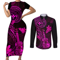 Hawaii Couples Matching Short Sleeve Bodycon Dress and Long Sleeve Button Shirts Ukulele Mix Polynesian Plumeria Pink Version LT14 Pink - Polynesian Pride