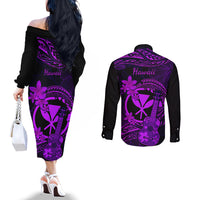 Hawaii Couples Matching Off The Shoulder Long Sleeve Dress and Long Sleeve Button Shirts Ukulele Mix Polynesian Plumeria Purple Version LT14 - Polynesian Pride