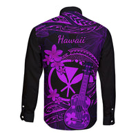 Hawaii Long Sleeve Button Shirt Ukulele Mix Polynesian Plumeria Purple Version LT14 - Polynesian Pride