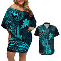 Hawaii Couples Matching Off Shoulder Short Dress and Hawaiian Shirt Ukulele Mix Polynesian Plumeria Turquoise Version LT14 Turquoise - Polynesian Pride
