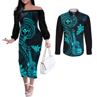 Hawaii Couples Matching Off The Shoulder Long Sleeve Dress and Long Sleeve Button Shirts Ukulele Mix Polynesian Plumeria Turquoise Version LT14 Turquoise - Polynesian Pride