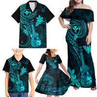Hawaii Family Matching Off Shoulder Maxi Dress and Hawaiian Shirt Ukulele Mix Polynesian Plumeria Turquoise Version LT14 - Polynesian Pride