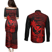Hawaii Couples Matching Puletasi Dress and Long Sleeve Button Shirts Ukulele Mix Polynesian Plumeria Red Version LT14 - Polynesian Pride