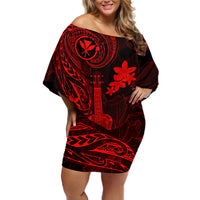 Hawaii Off Shoulder Short Dress Ukulele Mix Polynesian Plumeria Red Version LT14 Women Red - Polynesian Pride