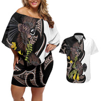 New Zealand Valentines Day Couples Matching Off Shoulder Short Dress and Hawaiian Shirt Piwakawaka Lovers Maori Koru Tattoo - Polynesian Pride