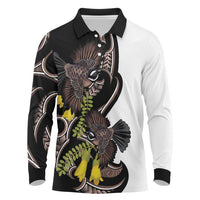 New Zealand Valentines Day Long Sleeve Polo Shirt Piwakawaka Lovers Maori Koru Tattoo - Polynesian Pride