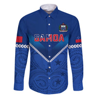 Custom Samoa Rugby Family Matching Off Shoulder Maxi Dress and Hawaiian Shirt 2023 Go Manu Samoa LT14 Dad's Shirt - Long Sleeve Blue - Polynesian Pride