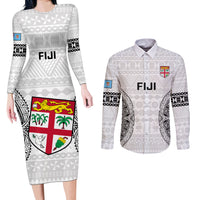 Custom Fiji Rugby Couples Matching Long Sleeve Bodycon Dress and Long Sleeve Button Shirts 2023 Go Champions World Cup Fijian Tapa Pattern LT14 White - Polynesian Pride