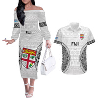 Custom Fiji Rugby Couples Matching Off The Shoulder Long Sleeve Dress and Hawaiian Shirt 2023 Go Champions World Cup Fijian Tapa Pattern LT14 White - Polynesian Pride