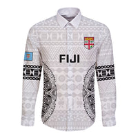 Custom Fiji Rugby Long Sleeve Button Shirt 2023 Go Champions World Cup Fijian Tapa Pattern LT14 Unisex White - Polynesian Pride