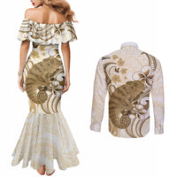 Brown And White Hawaii Chameleon Couples Matching Mermaid Dress and Long Sleeve Button Shirt Plumeria Polynesian Tribal Art