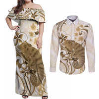 Brown And White Hawaii Chameleon Couples Matching Off Shoulder Maxi Dress and Long Sleeve Button Shirt Plumeria Polynesian Tribal Art