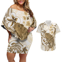Brown And White Hawaii Chameleon Couples Matching Off Shoulder Short Dress and Hawaiian Shirt Plumeria Polynesian Tribal Art