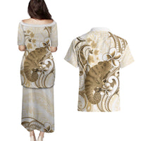 Brown And White Hawaii Chameleon Couples Matching Puletasi and Hawaiian Shirt Plumeria Polynesian Tribal Art