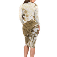 Brown And White Hawaii Chameleon Family Matching Long Sleeve Bodycon Dress and Hawaiian Shirt Plumeria Polynesian Tribal Art