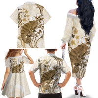 Brown And White Hawaii Chameleon Family Matching Off The Shoulder Long Sleeve Dress and Hawaiian Shirt Plumeria Polynesian Tribal Art