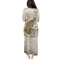 Brown And White Hawaii Chameleon Family Matching Puletasi and Hawaiian Shirt Plumeria Polynesian Tribal Art