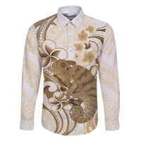 Brown And White Hawaii Chameleon Family Matching Short Sleeve Bodycon Dress and Hawaiian Shirt Plumeria Polynesian Tribal Art