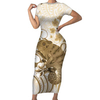 Brown And White Hawaii Chameleon Short Sleeve Bodycon Dress Plumeria Polynesian Tribal Art LT14 Long Dress Brown - Polynesian Pride