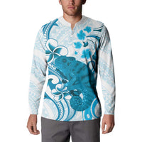 Cyan And White Hawaii Chameleon Button Sweatshirt Plumeria Polynesian Tribal Art LT14 - Polynesian Pride