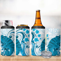 Cyan And White Hawaii Chameleon 4 in 1 Can Cooler Tumbler Plumeria Polynesian Tribal Art