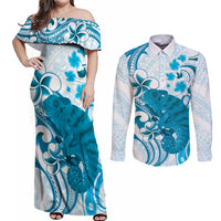 Cyan And White Hawaii Chameleon Couples Matching Off Shoulder Maxi Dress and Long Sleeve Button Shirt Plumeria Polynesian Tribal Art